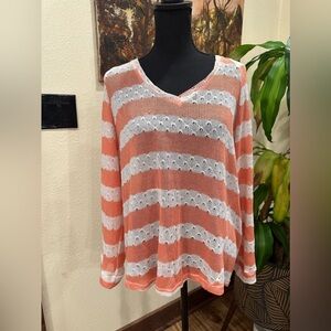EUC UMGEE light sweater v neck orange white stripes long sleeve Sz M